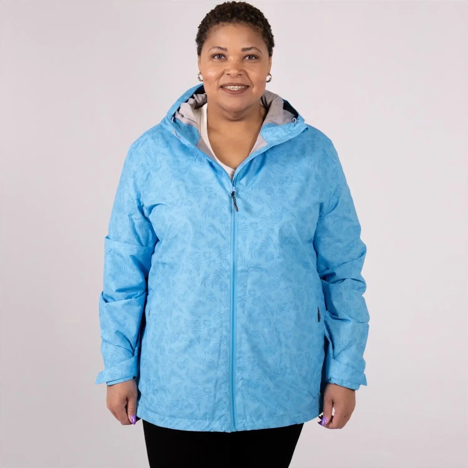 Light blue patterned plus size rain jacket waterproof wind breaker for women