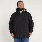 Man in black hooded jacket wearing Rugged Rainier Windbreaker Coat Snow Country Outerwear