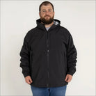 Man in black hooded jacket wearing Rugged Rainier Windbreaker Coat Snow Country Outerwear