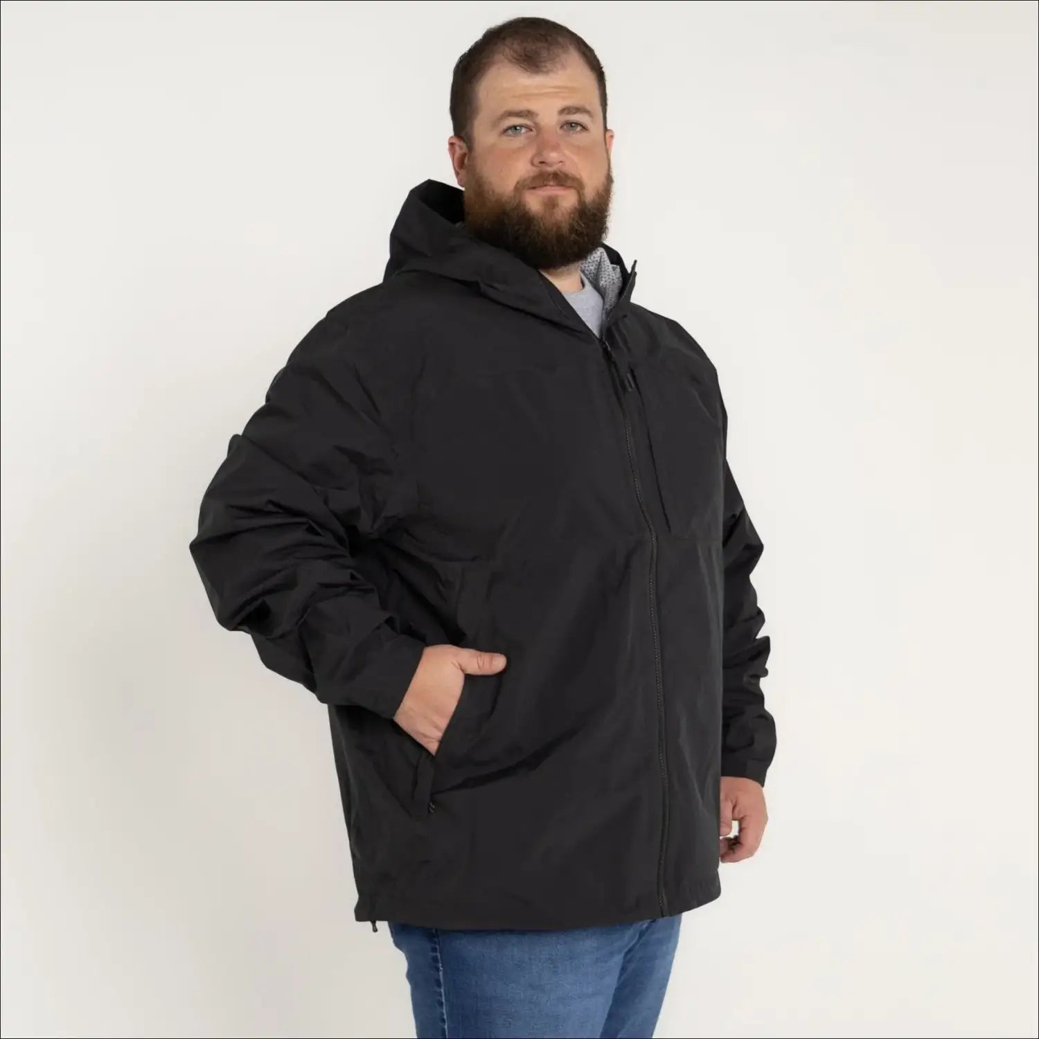 Black hooded jacket from Men’s Big 2XL-7XL Rain Jacket Rugged Rainier Windbreaker Coat