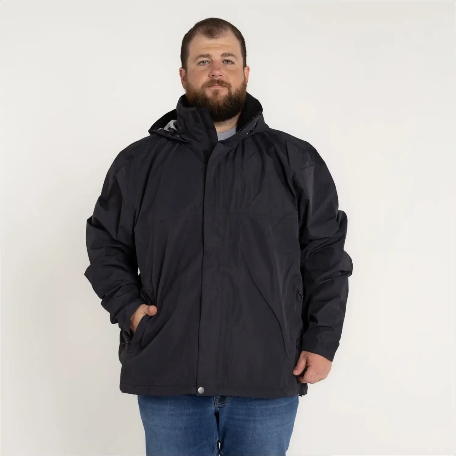 Man in a black hooded rain jacket showcasing Men’s Big 3XL-7XL Windbreaker Outerwear