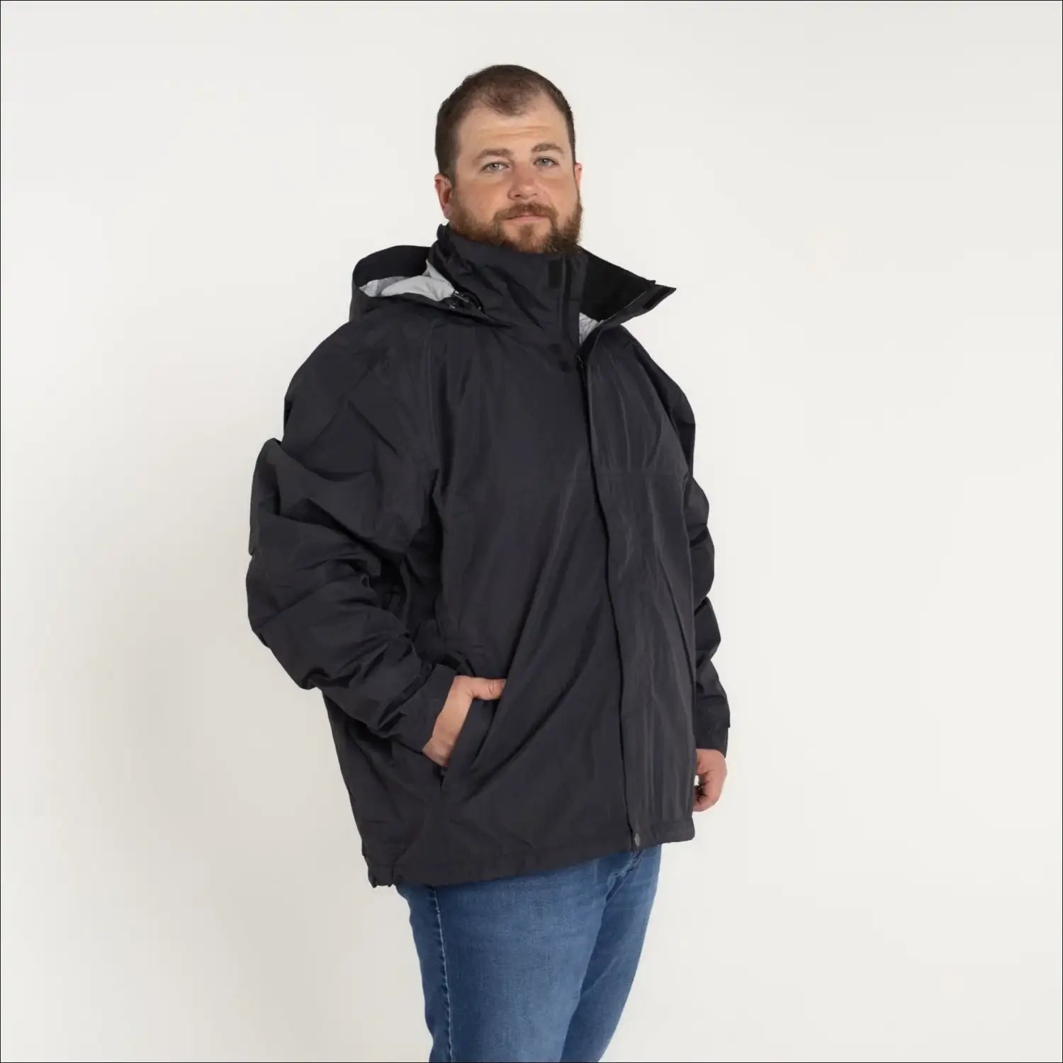 Black hooded rain jacket displayed in Men’s Big 3XL-7XL Windbreaker Outerwear