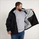 Black waterproof rain jacket for men in big sizes, windbreaker for spring and fall outdoors