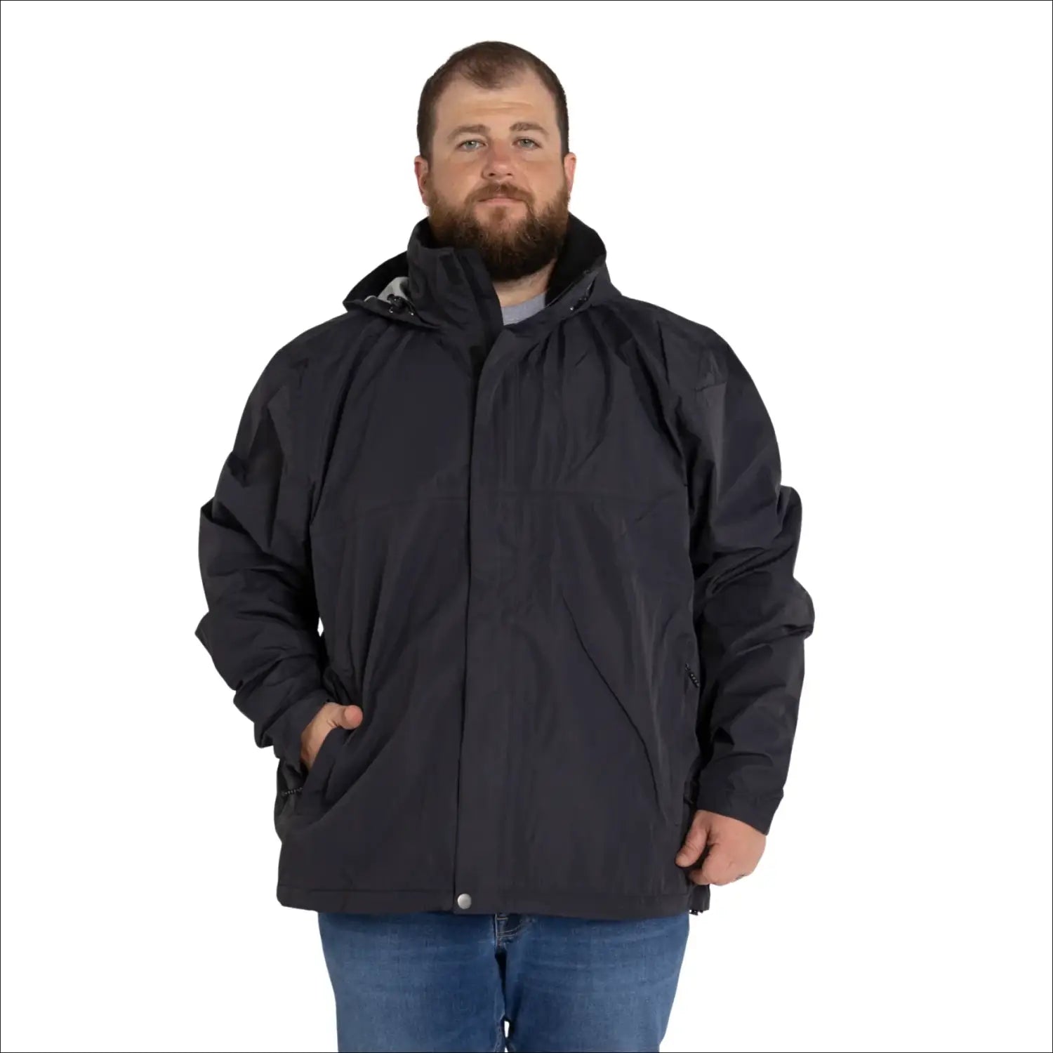 Man in a dark hooded rain jacket wearing Men’s Big 3XL-7XL Windbreaker Outerwear