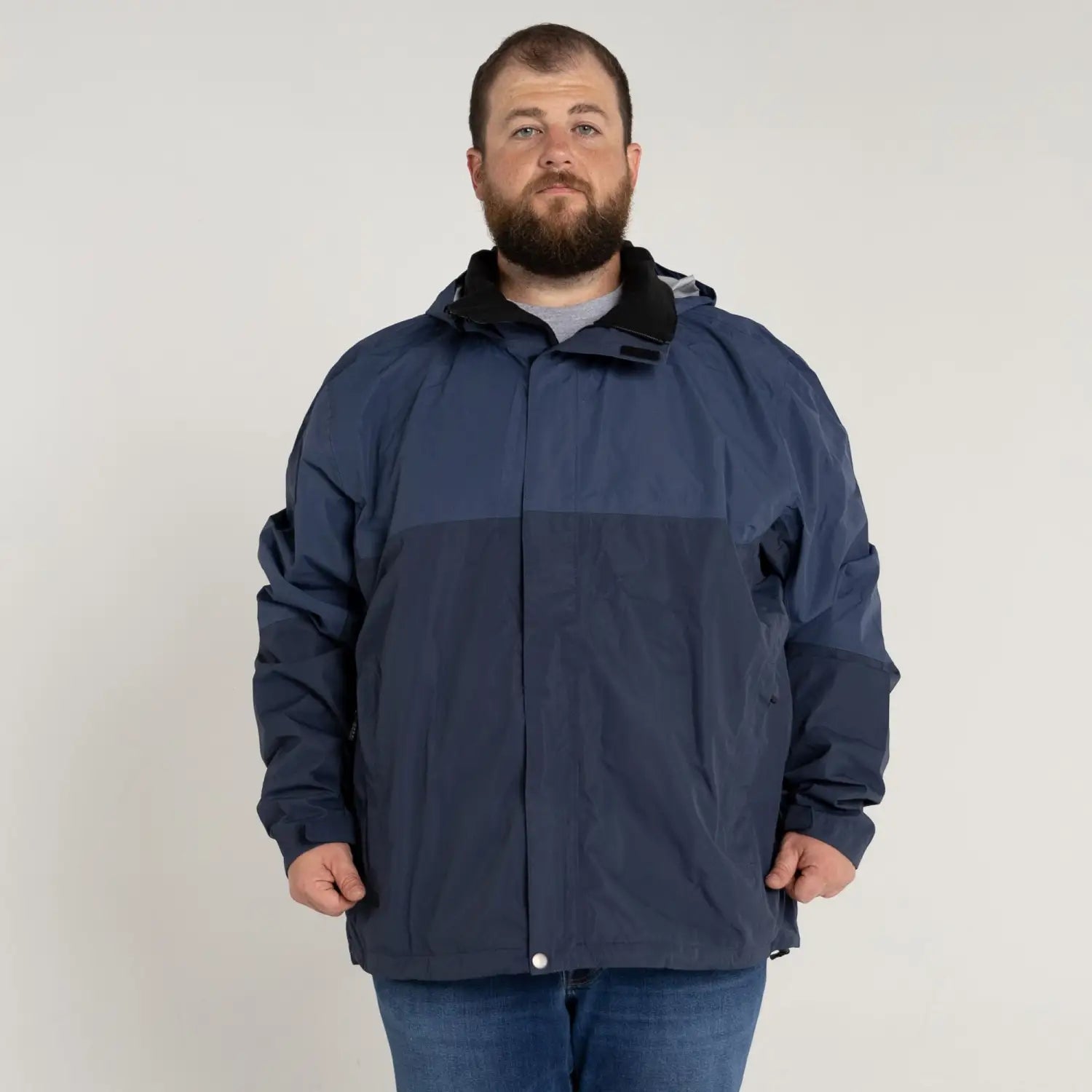 Two-tone blue hooded rain jacket for Men in Big 3XL-7XL size, spring and winter outdoor wear