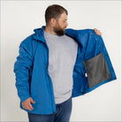 Blue hooded rain jacket displayed in Snow Country Outerwear packable men’s wind breaker