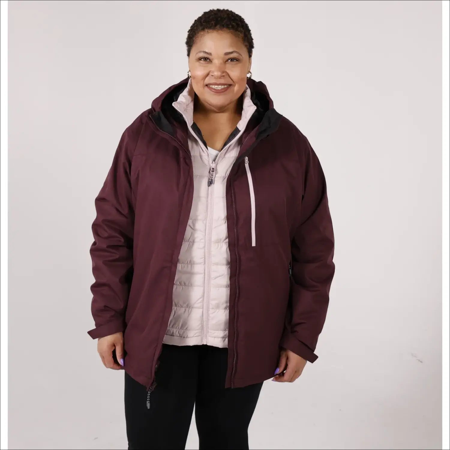 Burgundy winter jacket with inner vest from Women’s Plus Size 1X-6X 3-in-1 Snow Country Outerwear