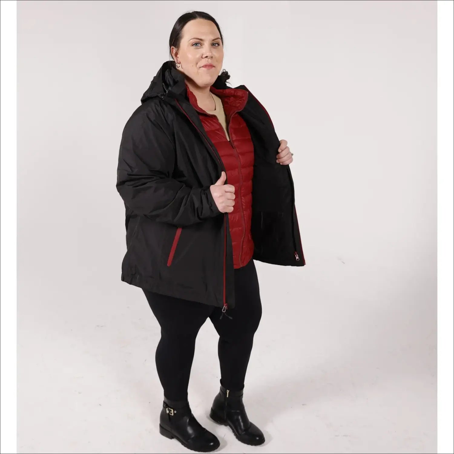 Woman in black and red winter coat from Women’s Plus Size 1X-6X Winter Down Alternative 3in1 Coat Jacket Snow Country Outerwear Alps