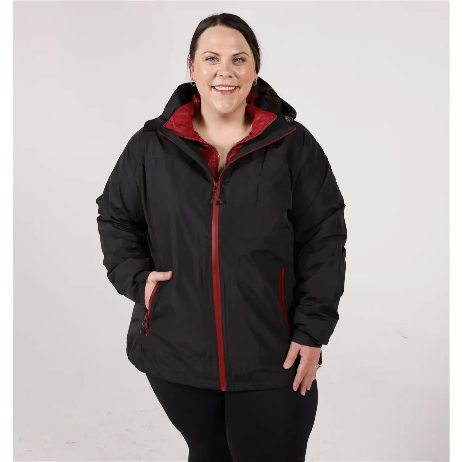 Black hooded plus size winter coat with red lining, 3-in-1 snow country outerwear