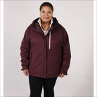 Burgundy hooded winter jacket for women Plus Size 1X-6X, stylish snow country outerwear