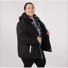 Black hooded women’s plus size winter coat with white zipper and 3-in-1 design