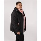 Black hooded puffer jacket with pink lining from Women’s Plus Size Winter Coat collection