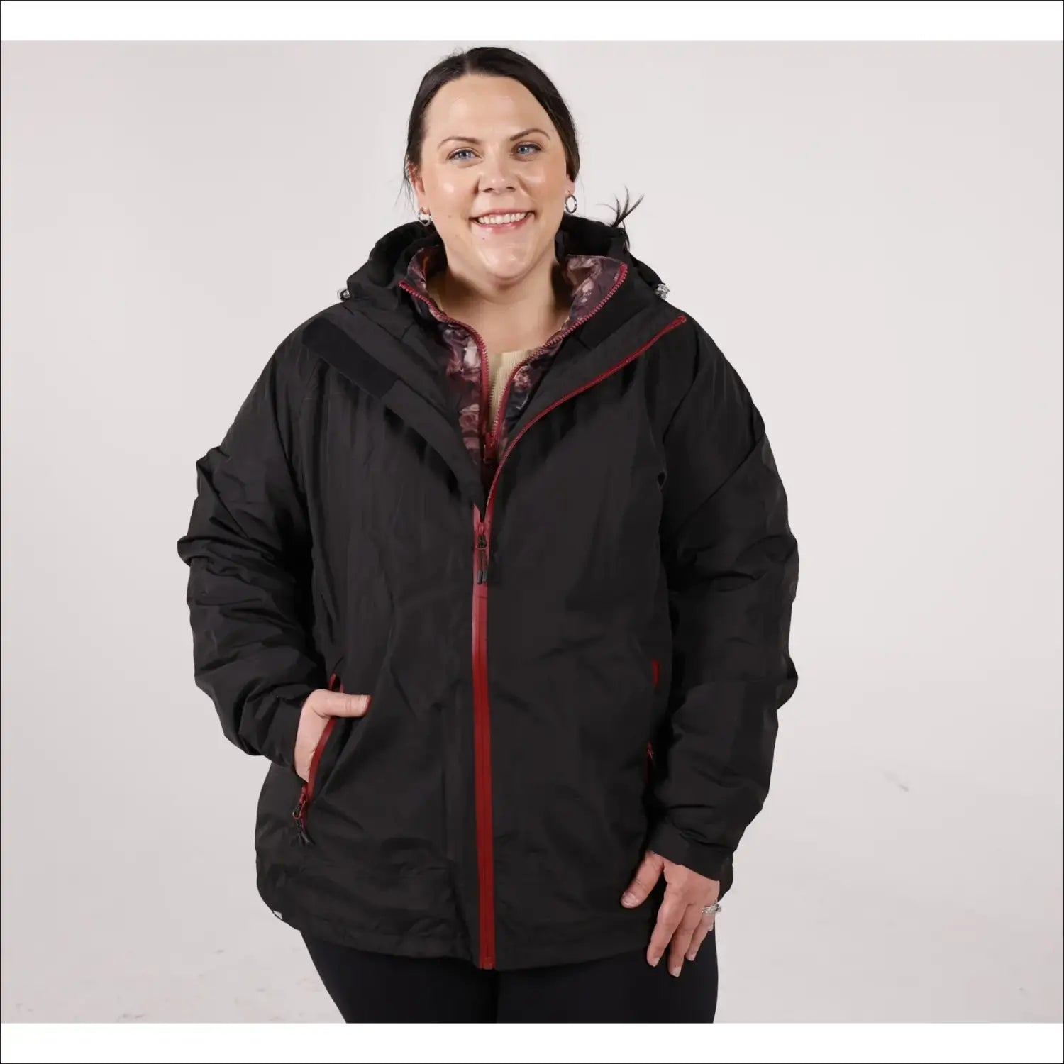 Black hooded winter jacket with red trim from Women’s Plus Size 1X-6X Winter Down Alternative Coat