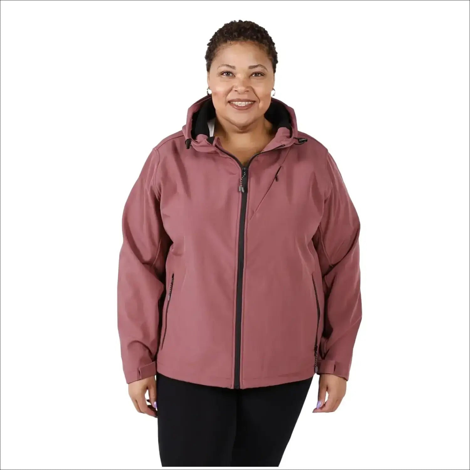 Woman wearing a mauve hooded jacket from Women’s Plus Size Micro Fleece Shell Outerwear