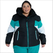 Woman wearing Snow Country Plus Size Ski Jacket in black, white, and teal for winter warmth