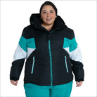 Woman wearing Snow Country Plus Size Ski Jacket in black, white, and teal for winter warmth