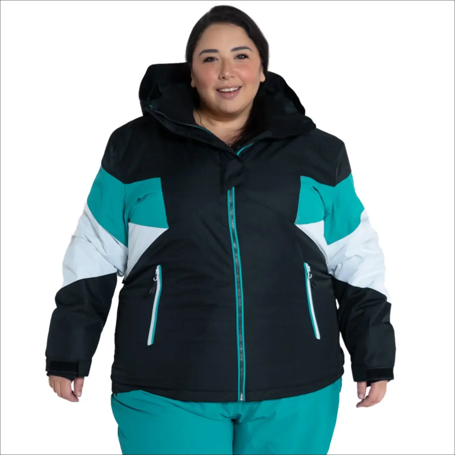Woman wearing Snow Country Plus Size Ski Jacket in black, white, and teal for winter warmth