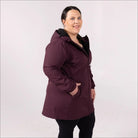Women’s Plus Size Stowe 1X-6X Mid Length Soft Shell Jacket in Burgundy hooded raincoat