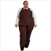 Woman wearing brown insulated bib overalls from Snow Country Outerwear for skiing