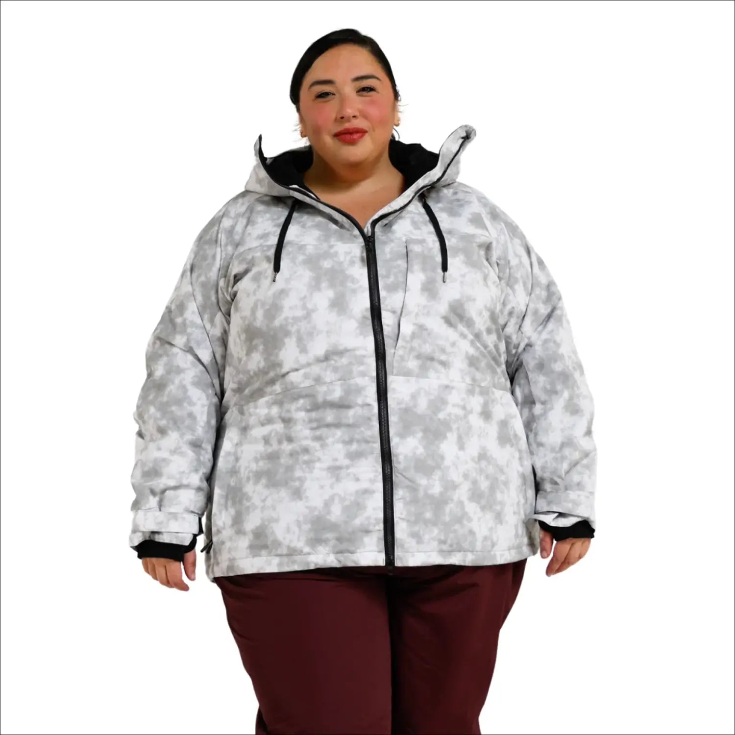 Woman wearing a gray and white camouflage puffer ski jacket from Womens Plus Size Trust Snowboarding Outerwear