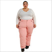 Woman wearing pink snow pants and white long-sleeved shirt for Snow Country Outerwear ski gear