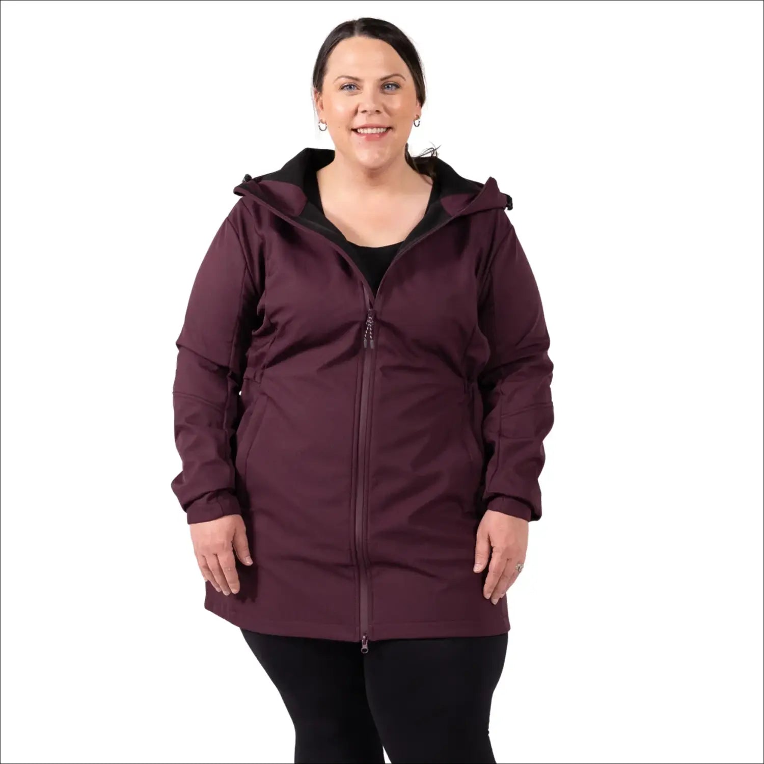 Burgundy hooded softshell jacket for women plus size Stowe 1X-6X mid length outdoor wear