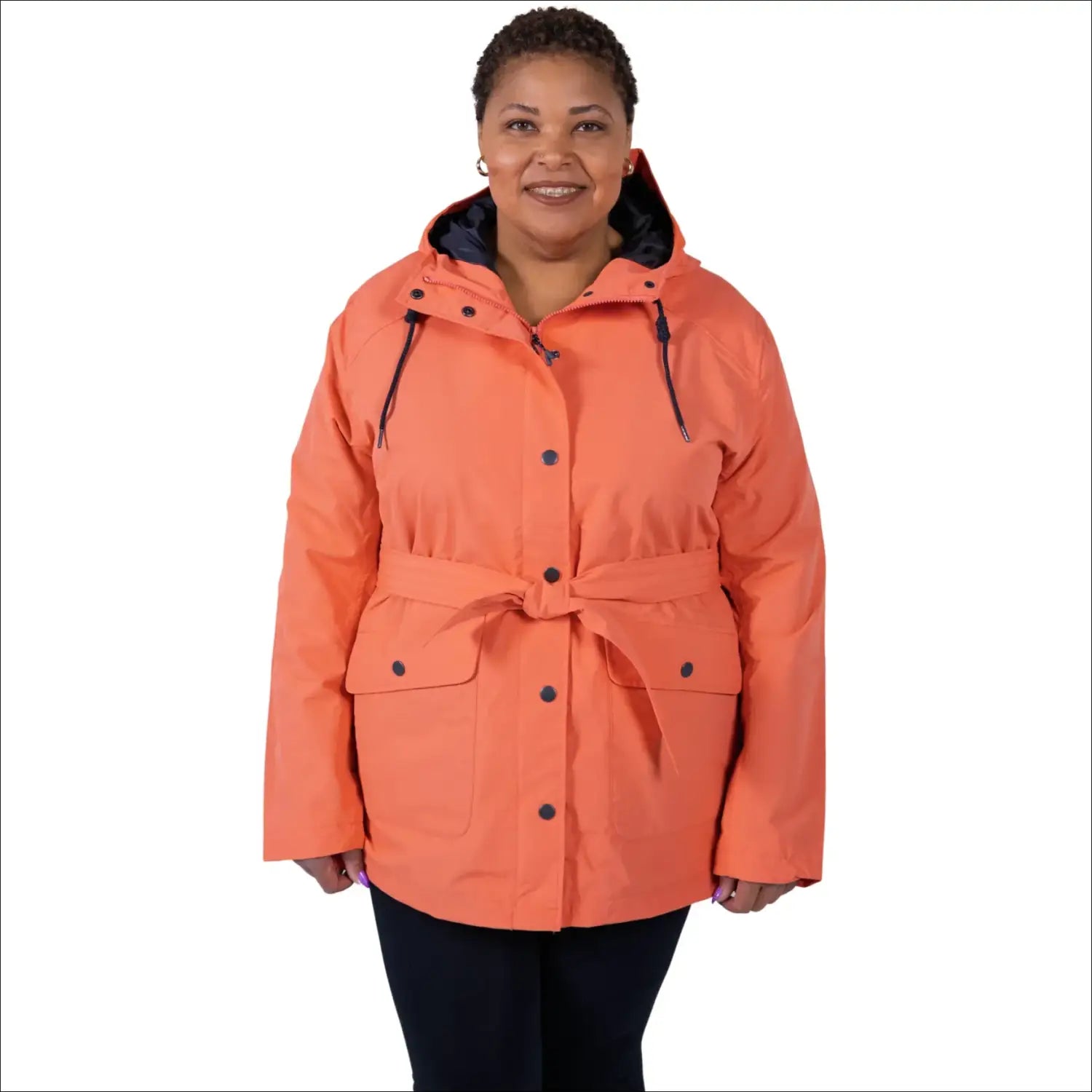 Coral belted hooded jacket from Snow Country Outerwear Women’s Rain Jacket collection
