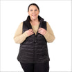 Woman wearing a black puffer vest in women’s plus size synthetic outerwear collection