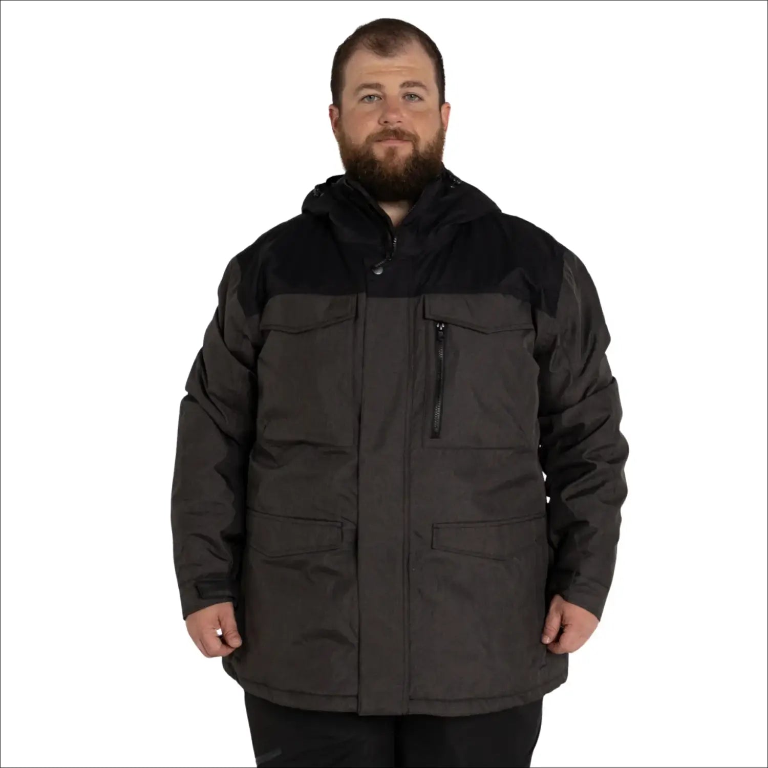 Man wearing Gray and Black Parka in Snow Country Outerwear Winter Coat Collection