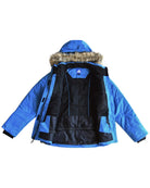 Blue women's plus size Aspen ski jacket, sizes 1X to 6X, interior flat lay