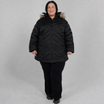 Black Axtell plus size parka, sizes 1X to 6X, front view on model