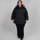 Black Axtell plus size parka, sizes 1X to 6X, front view on model