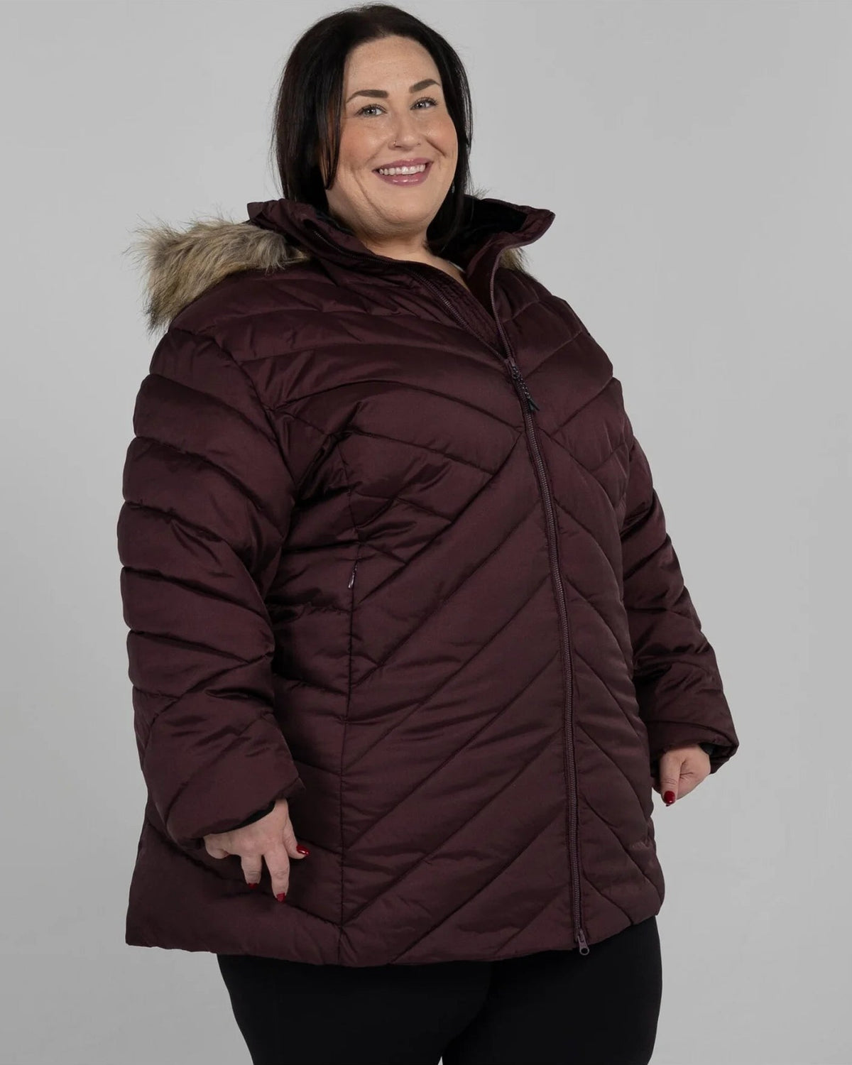 Eggplant The Axtell plus size hooded winter parka, three quarter view