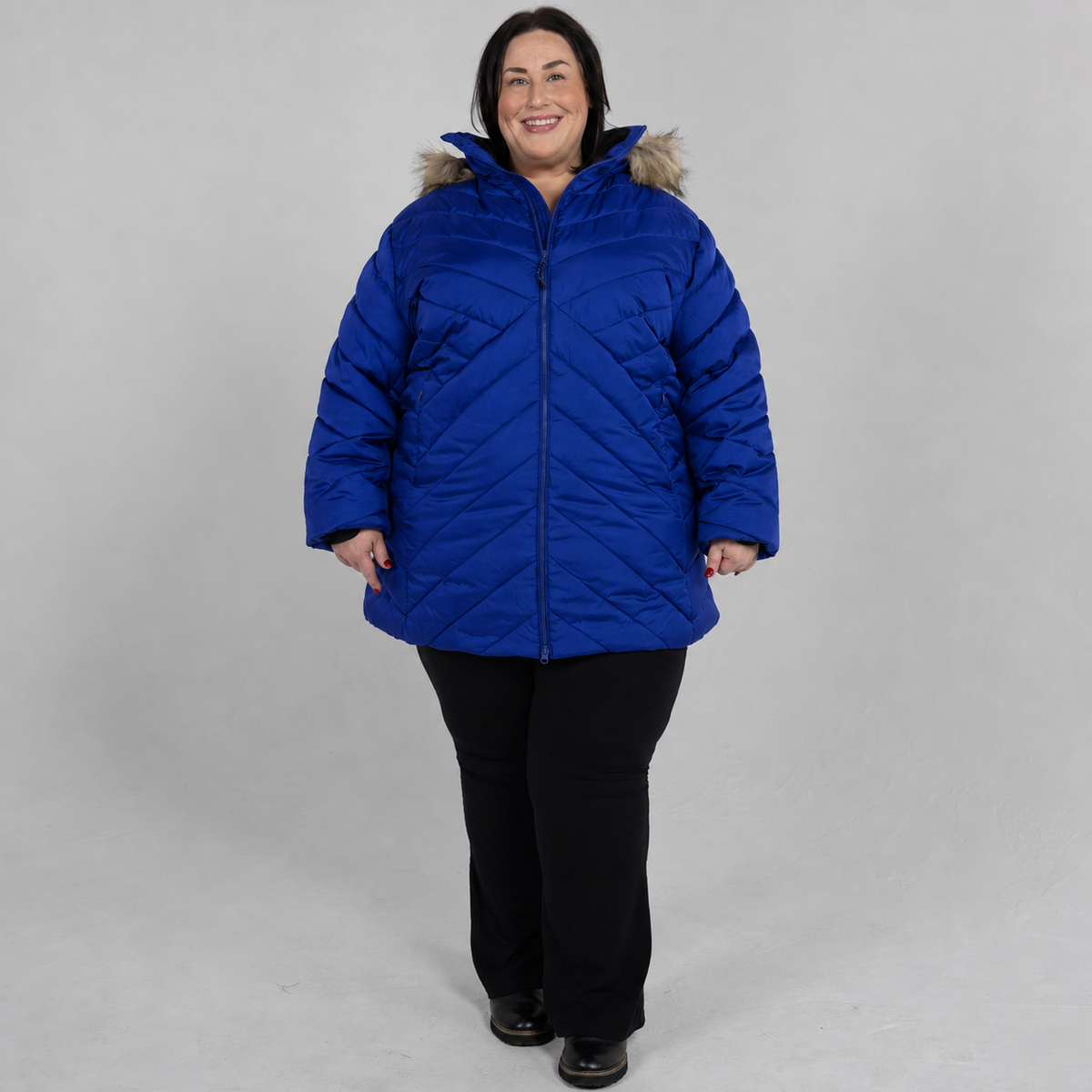 Midnight Blue Axtell plus size parka, sizes 1X to 6X, front view on model