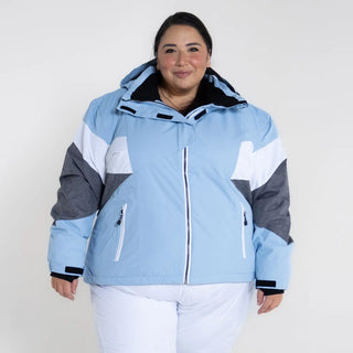 Light blue, white, and gray insulated ski jacket from Snow Country Outerwear for women