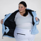 Light blue women’s plus size ski jacket with black lining from Snow Country Outerwear
