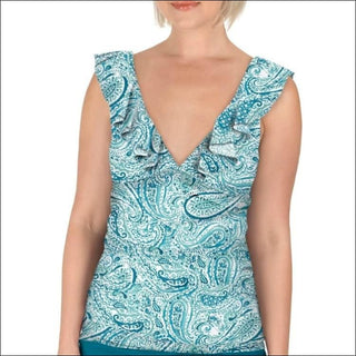 Carole Hochman Womens Ruffle Plunge Tankini Swimsuit Top Black and Teal Water Paisley - 10 / Teal Water Paisley - Swimsuits