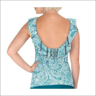 Carole Hochman Womens Ruffle Plunge Tankini Swimsuit Top Black and Teal Water Paisley - Swimsuits