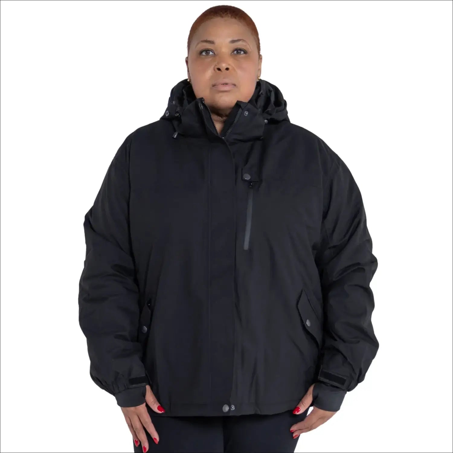 Black hooded winter jacket from Snow Country Outerwear Women’s Plus Size Fortress Ski Coat