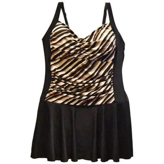 Zebra-striped tankini swimsuit from Heat Women’s Plus Size Shirred Swimsuit Swimdress collection