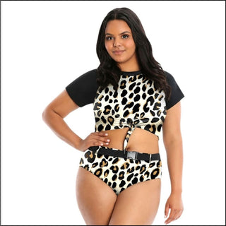 Lysa Plus Extended Sizes Kori Cheetah 2 Piece Crop Top Bikini Swimsuit Set 0X 1X 2X 3X - 0X (14/16) / Cheetah - Swimsuits