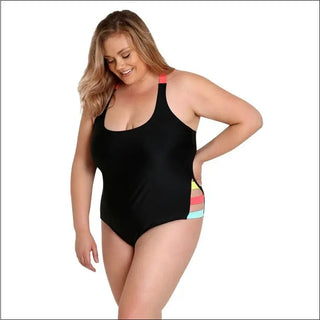 Black plus size one-piece swimsuit with colorful side stripes for Women Lysa Collection
