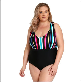 Lysa Women’s Plus Size Paris Vertical Stripe One Piece Swimsuit 0X 1X 2X 3X - 0X (14/16) / Black - Swimsuits