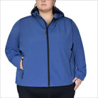 Blue hooded softshell jacket for women with micro fleece lining in plus sizes