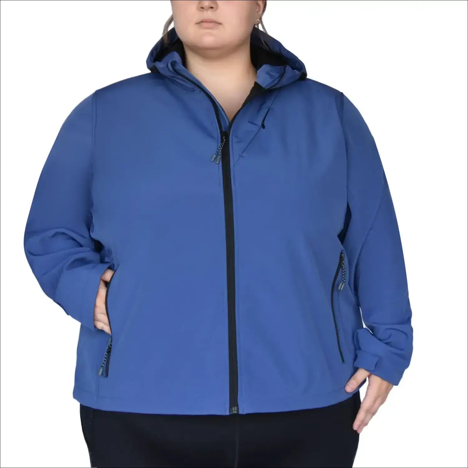 Blue hooded softshell jacket for women with micro fleece lining in plus sizes
