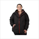 Black hooded rain jacket with red trim from Women’s Plus Size 1X-6X Winter Coat