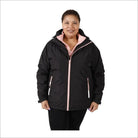 Black hooded winter coat with pink trim from Women’s Plus Size 1X-6X 3-in-1 Snow Jacket