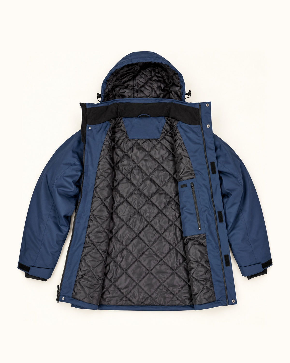 Navy Siberian III insulated soft shell jacket from Snow Country Outerwear Mens Big and Tall, flat lay interior, 2XL to 7XL regular and tall