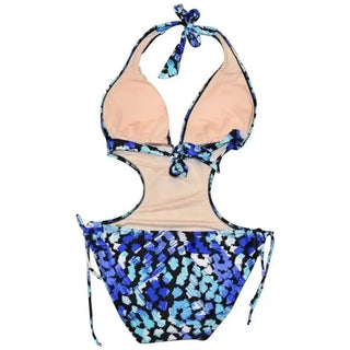 Blue and black patterned NWSC Women’s Monokini One Piece Swimsuit on display