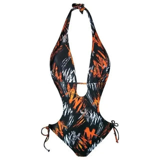 Black, orange, and white patterned halter monokini swimsuit for Women by NWSC